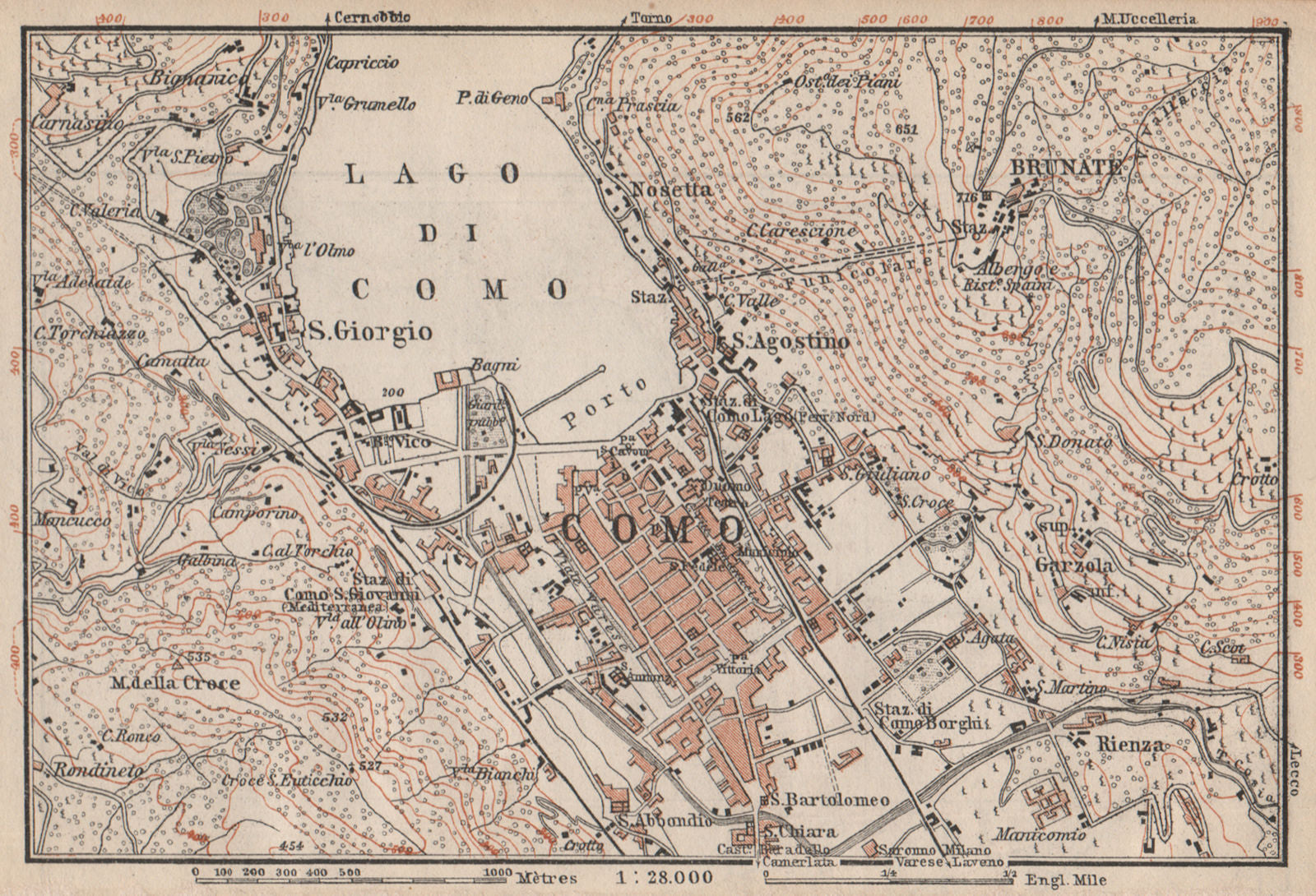 COMO ENVIRONS. Brunate San Giorgio. Italy mappa. BAEDEKER 1897 old antique